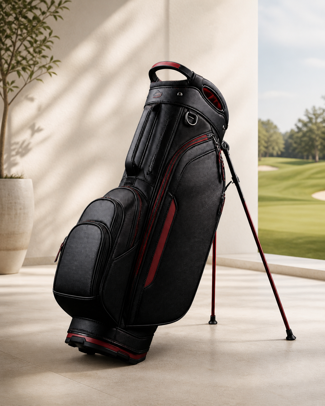Premium golf bag displayed in a golf equipment shop