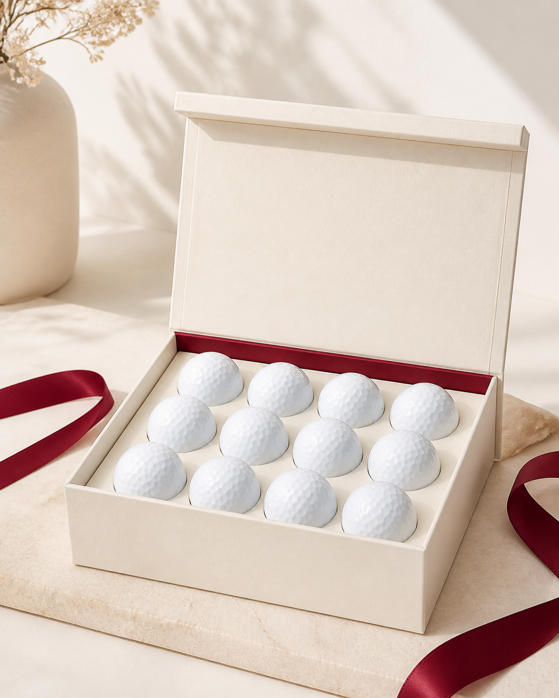 Premium golf balls displayed in a golf equipment shop