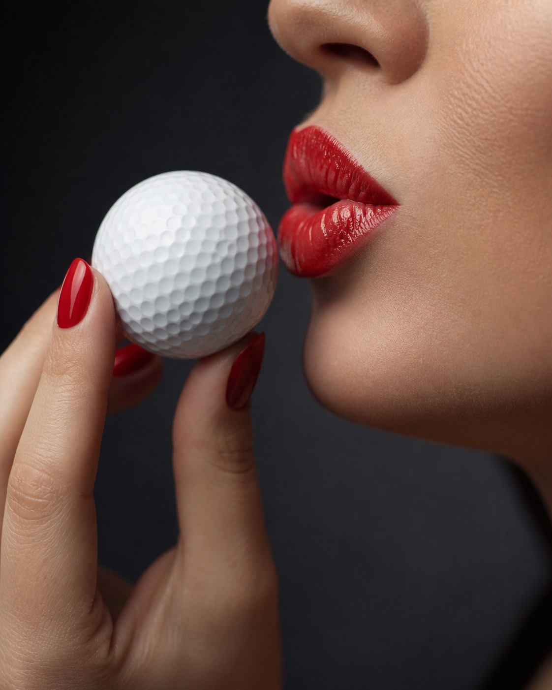 Woman with red lipstick and red nails holding a white golf ball