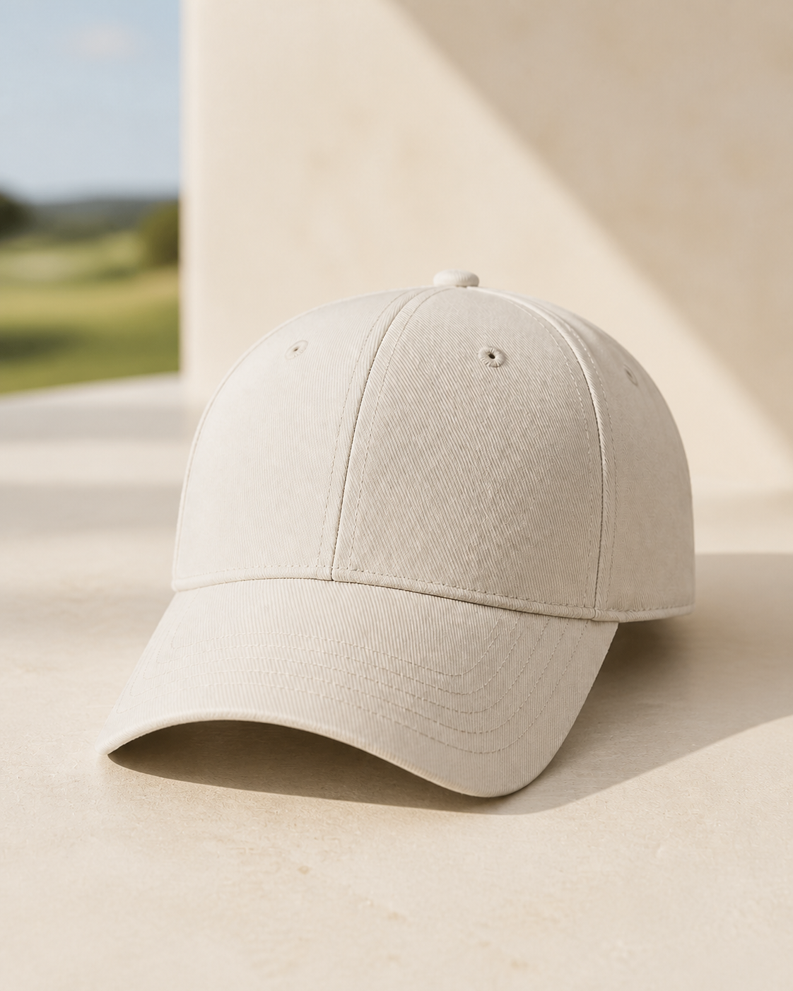 Burgundy golf cap displayed on a pale stone plinth
